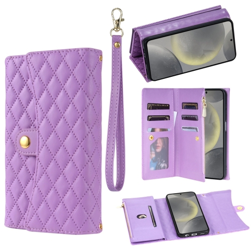 

For Samsung Galaxy S21 5G Zipper Multi-Card Wallet Rhombic Leather Phone Case(Purple)