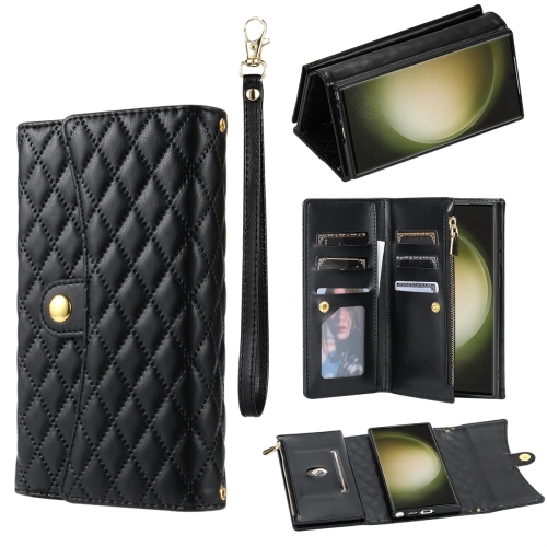 

For Samsung Galaxy S21 Ultra 5G Zipper Multi-Card Wallet Rhombic Leather Phone Case(Black)