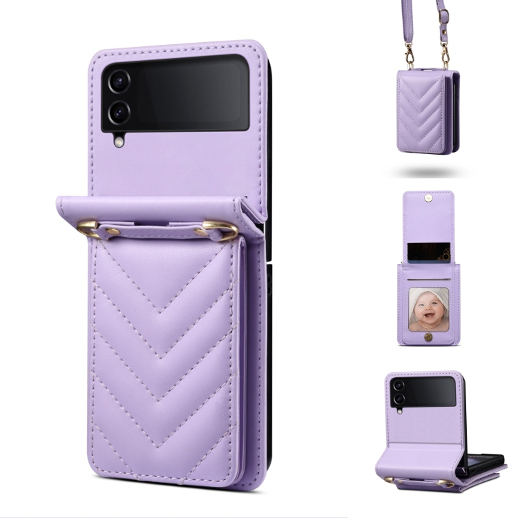 

For Samsung Galaxy Z Flip3 Rhombic Folding Leather Phone Case with Long Lanyard(Purple)