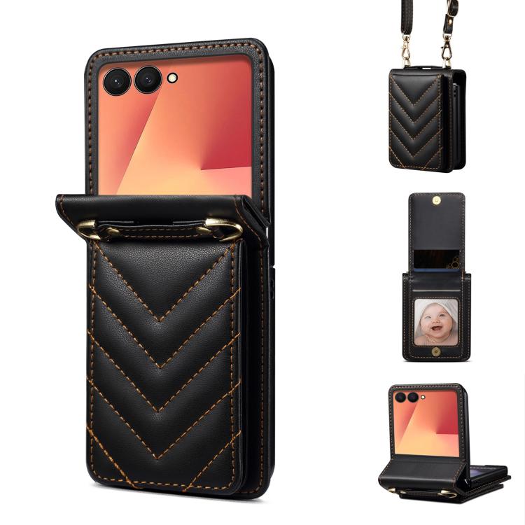 

For Samsung Galaxy Z Flip7 5G Rhombic Folding Leather Phone Case with Long Lanyard(Black)