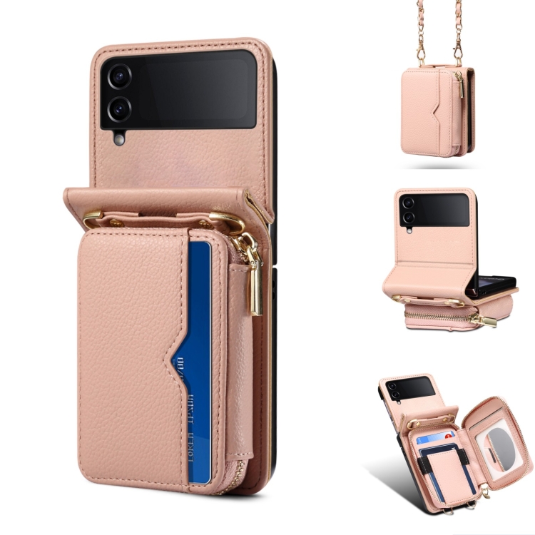 

For Samsung Galaxy Z Flip4 Folding Leather Phone Case with Long Lanyard(Rose Gold)
