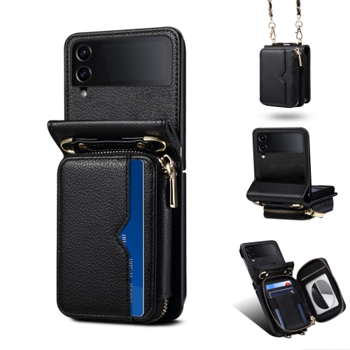 

For Samsung Galaxy Z Flip3 Folding Leather Phone Case with Long Lanyard(Black)