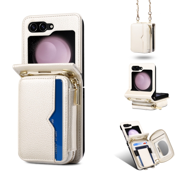 

For Samsung Galaxy Z Flip3 Folding Leather Phone Case with Long Lanyard(White)