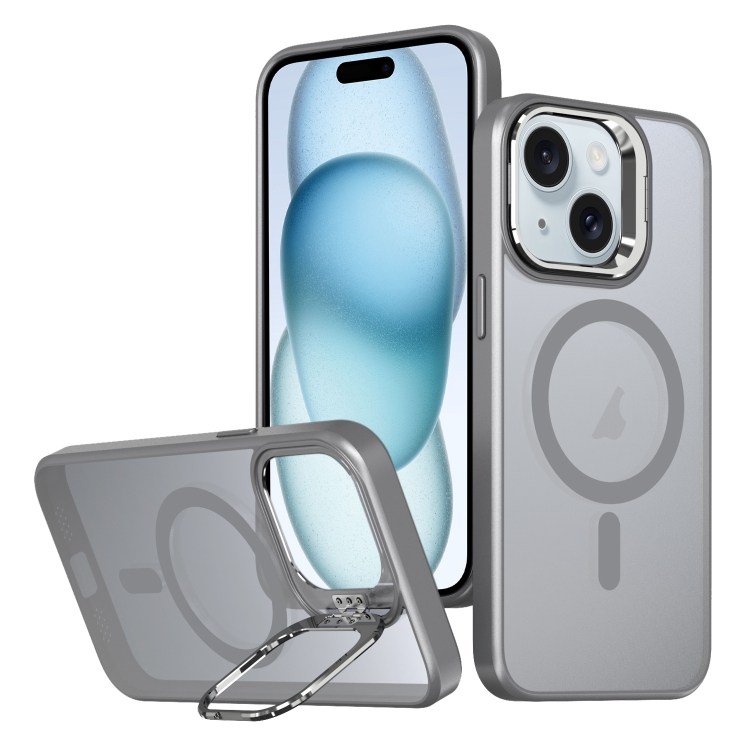 

For iPhone 15 Metal Invisible Camera Holder MagSafe Magnetic Phone Case(Grey)
