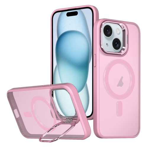 For iPhone 15 Plus Metal Invisible Camera Holder MagSafe Magnetic Phone Case(Pink) for iphone 8 plus 7 plus magsafe metal holder frosted translucent phone case pink