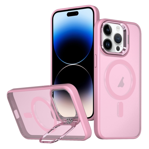 For iPhone 14 Pro Metal Invisible Camera Holder MagSafe Magnetic Phone Case(Pink) for xiaomi 14 aromatherapy magnetic metal phone case silver