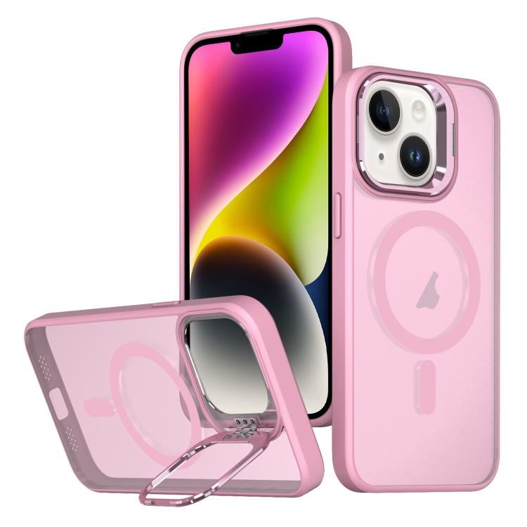 

For iPhone 14 Metal Invisible Camera Holder MagSafe Magnetic Phone Case(Pink)