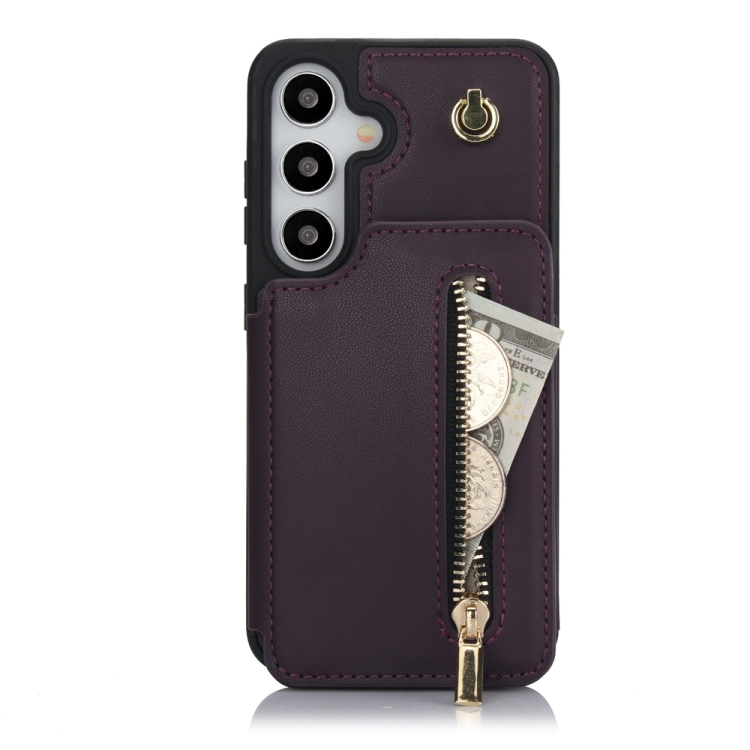 

For Samsung Galaxy S24 5G YM006 Skin Feel Zipper Card Bag Phone Case with Dual Lanyard(Dark Purple)