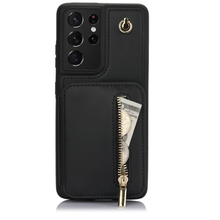 

For Samsung Galaxy S21 Ultra 5G YM006 Skin Feel Zipper Card Bag Phone Case with Dual Lanyard(Black)