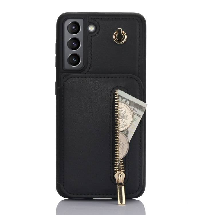 

For Samsung Galaxy S21 5G YM006 Skin Feel Zipper Card Bag Phone Case with Dual Lanyard(Black)