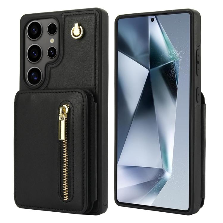 

For Samsung Galaxy S25 Ultra 5G YM006 Skin Feel Zipper Card Bag Phone Case with Dual Lanyard(Black)