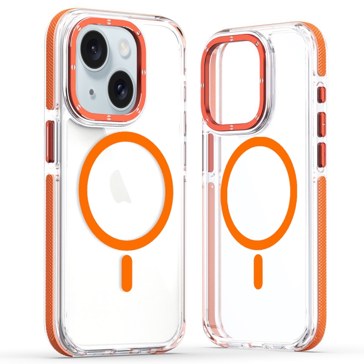 

For iPhone 15 Plus Dual-Color Clear Acrylic Hybrid TPU MagSafe Phone Case(Orange)