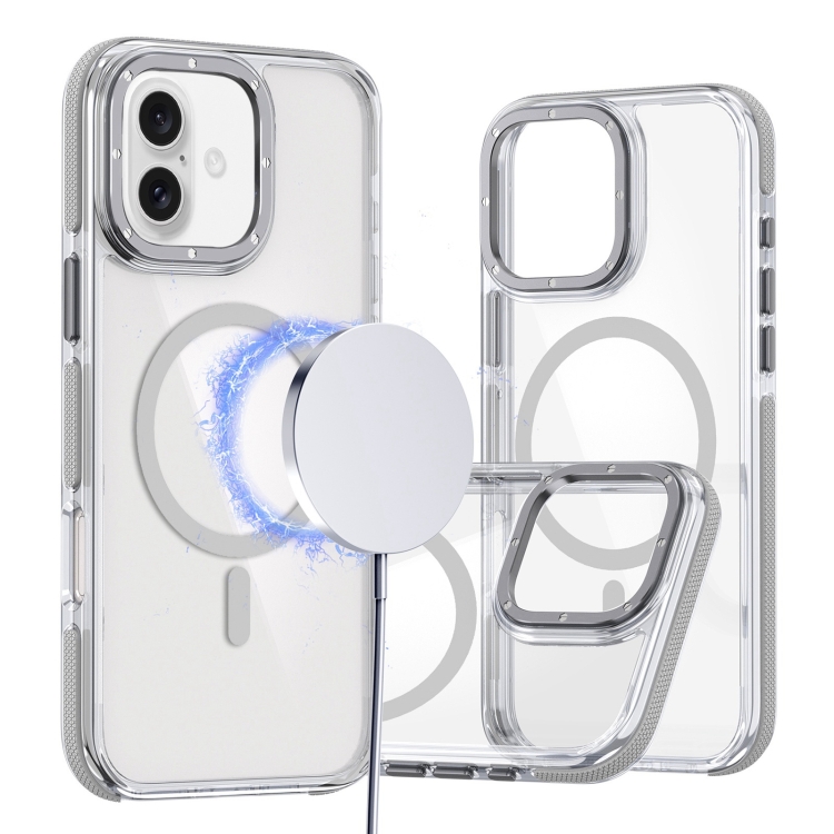

For iPhone 16 Dual-Color Clear Acrylic Hybrid TPU MagSafe Phone Case(Grey)