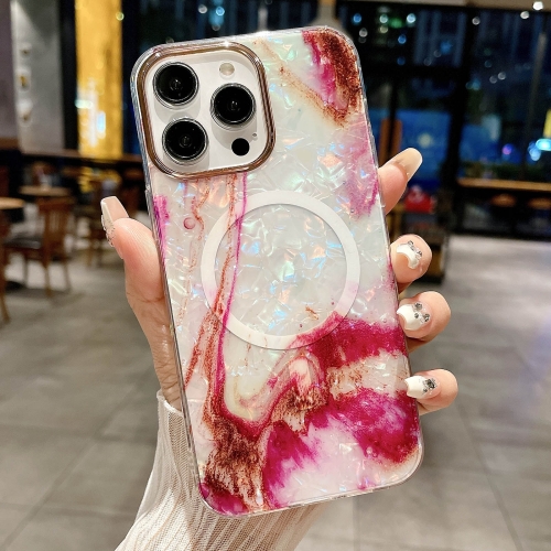For iPhone 15 Pro Max IMD Marble Acrylic Hybrid TPU Plating MagSafe Phone Case(Rose Red) for iphone 14 plus imd marble acrylic hybrid tpu plating magsafe phone case pink