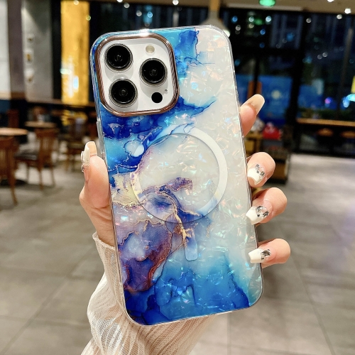 For iPhone 15 Pro IMD Marble Acrylic Hybrid TPU Plating MagSafe Phone Case(Blue) for iphone 13 invisible lens holder magsafe phone case navy blue