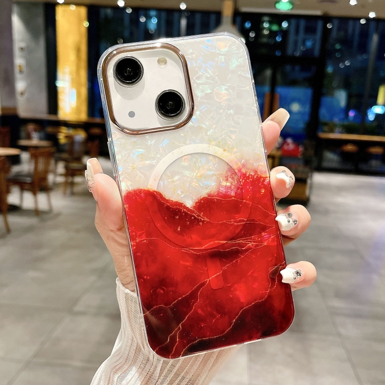 

For iPhone 15 Plus IMD Marble Acrylic Hybrid TPU Plating MagSafe Phone Case(Red)