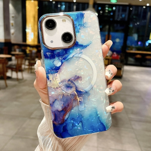 For iPhone 15 Plus IMD Marble Acrylic Hybrid TPU Plating MagSafe Phone Case(Blue) universal nebula cloud round gear shift knob acrylic crystal car shift knobs with 3pcs screw nut adapter