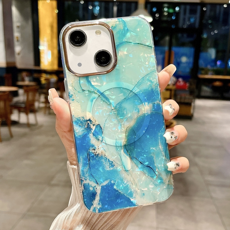 

For iPhone 15 IMD Marble Acrylic Hybrid TPU Plating MagSafe Phone Case(Green)