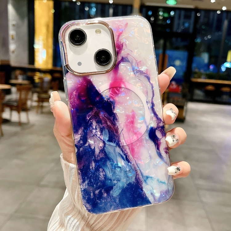 

For iPhone 15 IMD Marble Acrylic Hybrid TPU Plating MagSafe Phone Case(Purple)