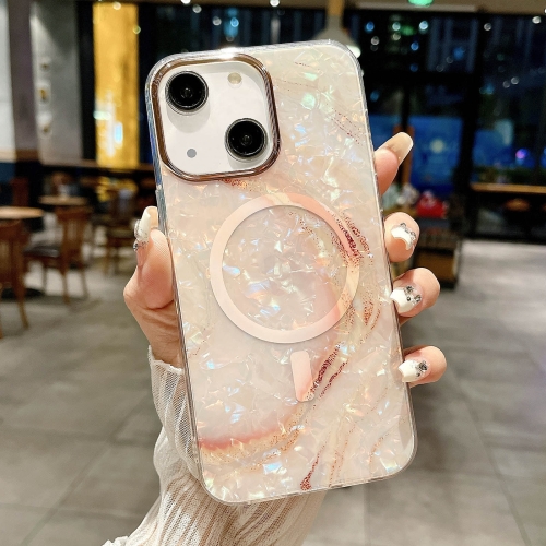 For iPhone 15 IMD Marble Acrylic Hybrid TPU Plating MagSafe Phone Case(Pink) universal nebula cloud round gear shift knob acrylic crystal car shift knobs with 3pcs screw nut adapter
