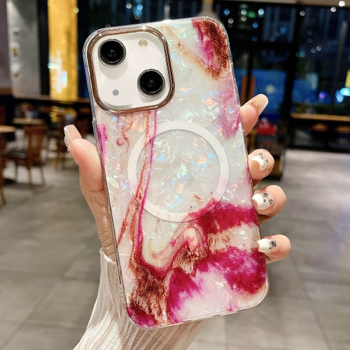 For iPhone 14 IMD Marble Acrylic Hybrid TPU Plating MagSafe Phone Case(Rose Red) for iphone 15 pro max imd marble acrylic hybrid tpu plating magsafe phone case rose red