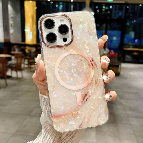 For iPhone 14 Pro IMD Marble Acrylic Hybrid TPU Plating MagSafe Phone Case(Pink) universal nebula cloud round gear shift knob acrylic crystal car shift knobs with 3pcs screw nut adapter