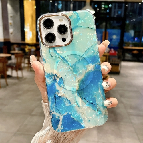 

For iPhone 14 Pro Max IMD Marble Acrylic Hybrid TPU Plating MagSafe Phone Case(Green)