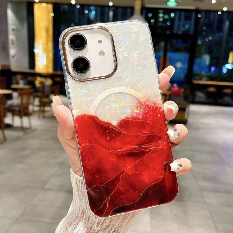 

For iPhone 12 IMD Marble Acrylic Hybrid TPU Plating MagSafe Phone Case(Red)