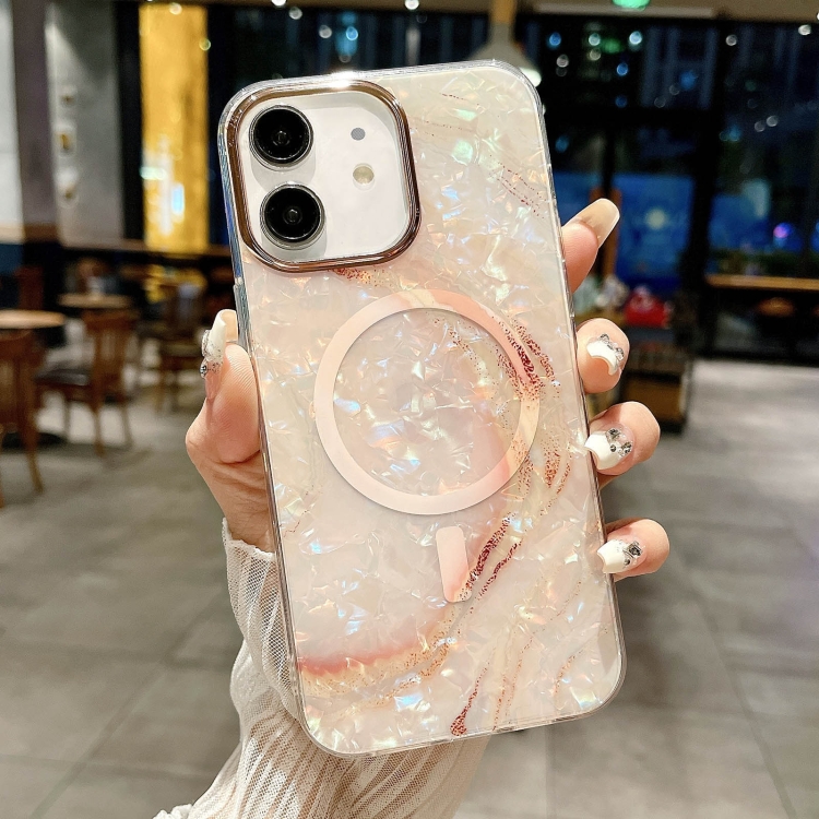

For iPhone 12 IMD Marble Acrylic Hybrid TPU Plating MagSafe Phone Case(Pink)