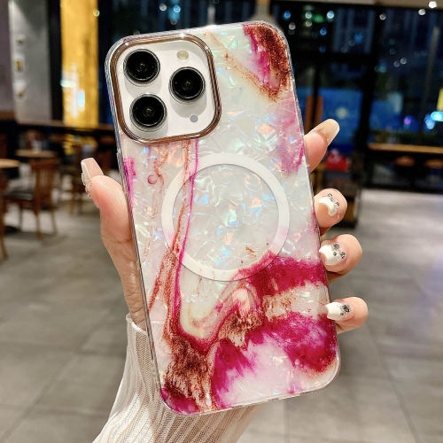 For iPhone 11 Pro Max IMD Marble Acrylic Hybrid TPU Plating MagSafe Phone Case(Rose Red) for iphone 15 imd marble acrylic hybrid tpu plating magsafe phone case pink