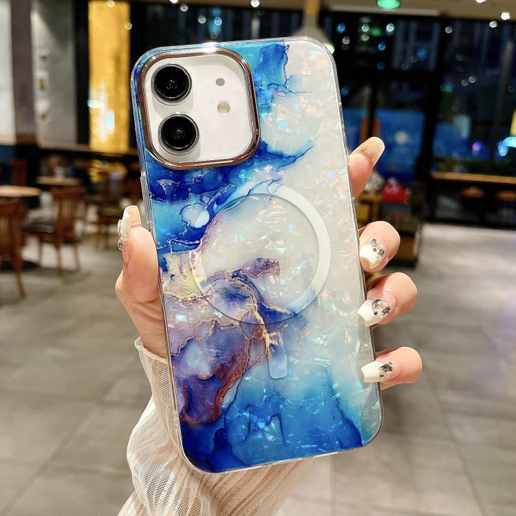 

For iPhone 11 IMD Marble Acrylic Hybrid TPU Plating MagSafe Phone Case(Blue)