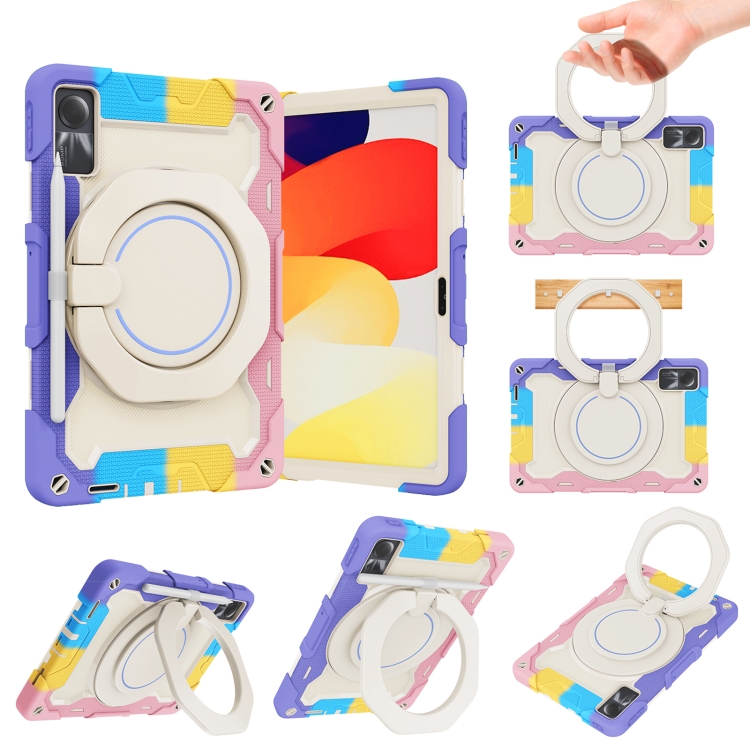 

For Xiaomi Redmi Pad SE Armor Portable Rotating Ring Holder Silicone Tablet Case(Colorful Pink)