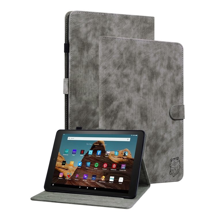 

For Amazon Fire HD 10 2023 Tiger Pattern Flip Leather Tablet Case(Grey)