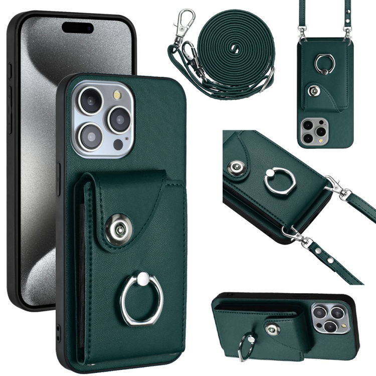 

For iPhone 15 Pro Max Organ Card Bag Ring Holder Phone Case with Long Lanyard(Green)