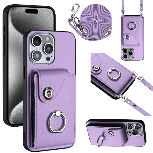 

For iPhone 15 Pro Max Organ Card Bag Ring Holder Phone Case with Long Lanyard(Purple)