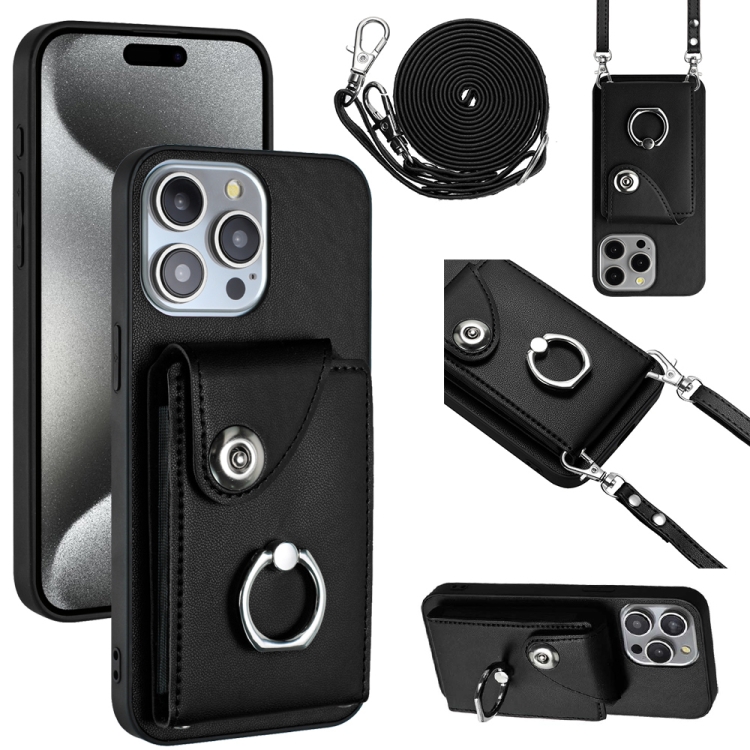 

For iPhone 15 Pro Organ Card Bag Ring Holder Phone Case with Long Lanyard(Black)