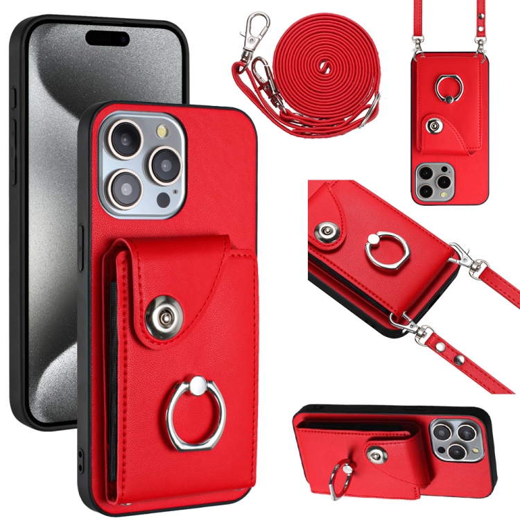

For iPhone 15 Pro Organ Card Bag Ring Holder Phone Case with Long Lanyard(Red)