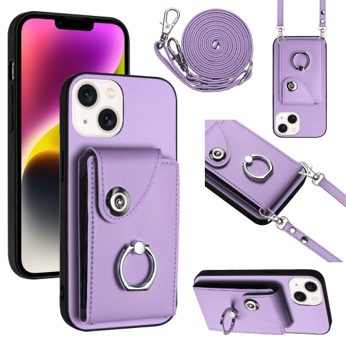 

For iPhone 15 Plus Organ Card Bag Ring Holder Phone Case with Long Lanyard(Purple)