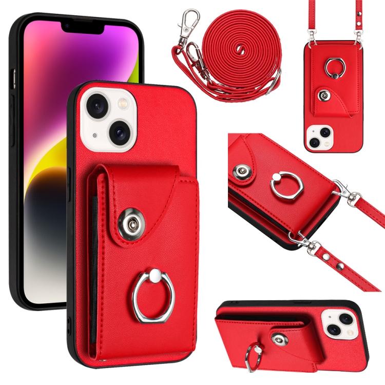 

For iPhone 14 Organ Card Bag Ring Holder Phone Case with Long Lanyard(Red)