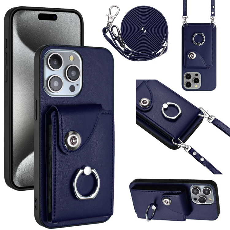 

For iPhone 14 Pro Max Organ Card Bag Ring Holder Phone Case with Long Lanyard(Blue)