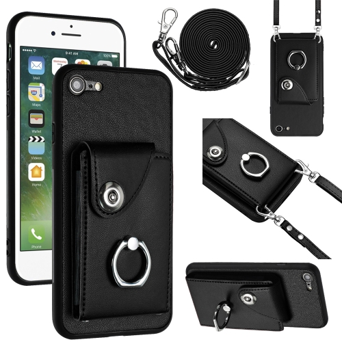 

For iPhone SE 2022 / 2020 / 8 / 7 Organ Card Bag Ring Holder Phone Case with Long Lanyard(Black)