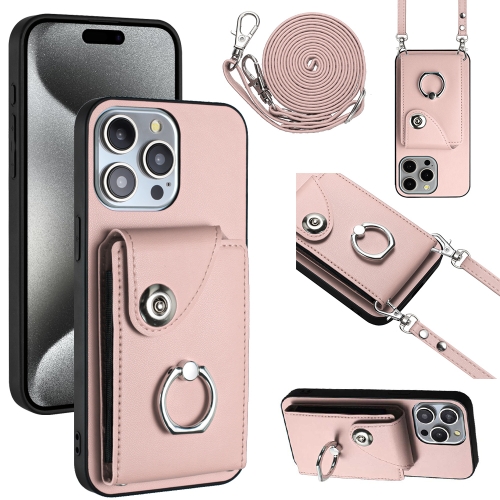 

For iPhone 13 Pro Organ Card Bag Ring Holder Phone Case with Long Lanyard(Pink)