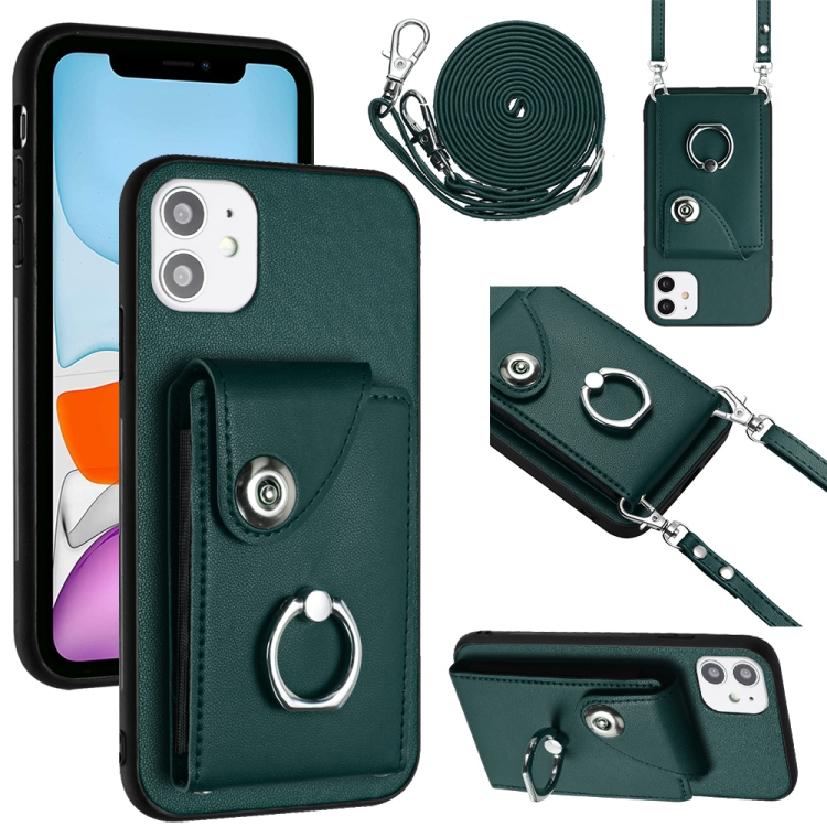 

For iPhone 12 Organ Card Bag Ring Holder Phone Case with Long Lanyard(Green)