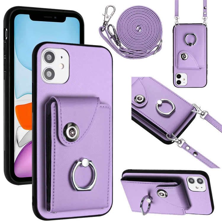 

For iPhone 12 Organ Card Bag Ring Holder Phone Case with Long Lanyard(Purple)