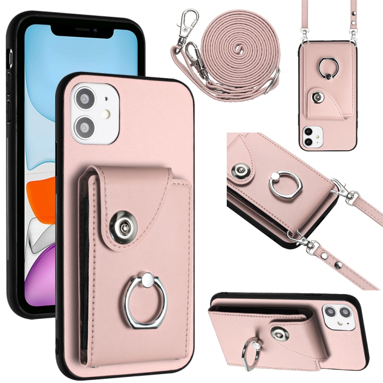 

For iPhone 12 Organ Card Bag Ring Holder Phone Case with Long Lanyard(Pink)
