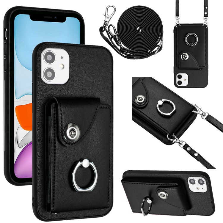 

For iPhone 12 mini Organ Card Bag Ring Holder Phone Case with Long Lanyard(Black)