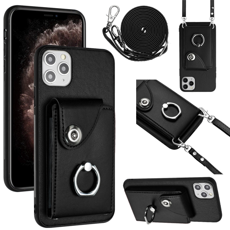 

For iPhone 11 Pro Max Organ Card Bag Ring Holder Phone Case with Long Lanyard(Black)