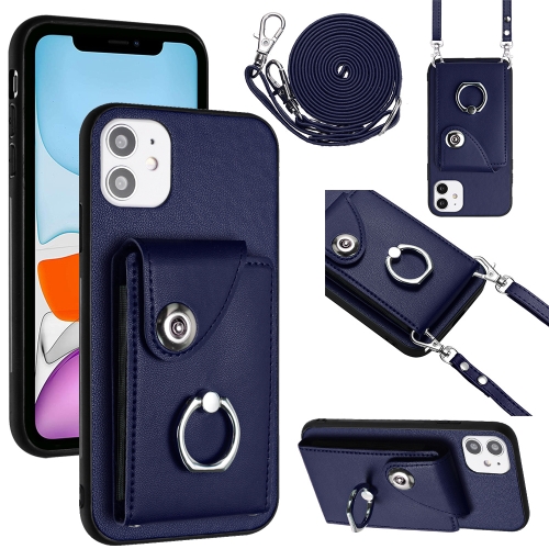 

For iPhone 11 Organ Card Bag Ring Holder Phone Case with Long Lanyard(Blue)