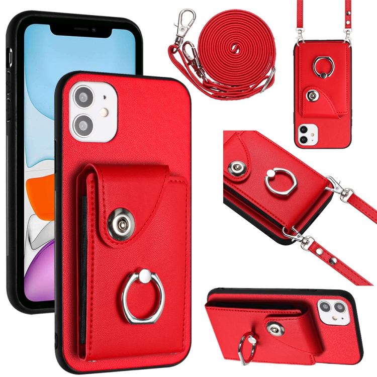 

For iPhone 11 Organ Card Bag Ring Holder Phone Case with Long Lanyard(Red)