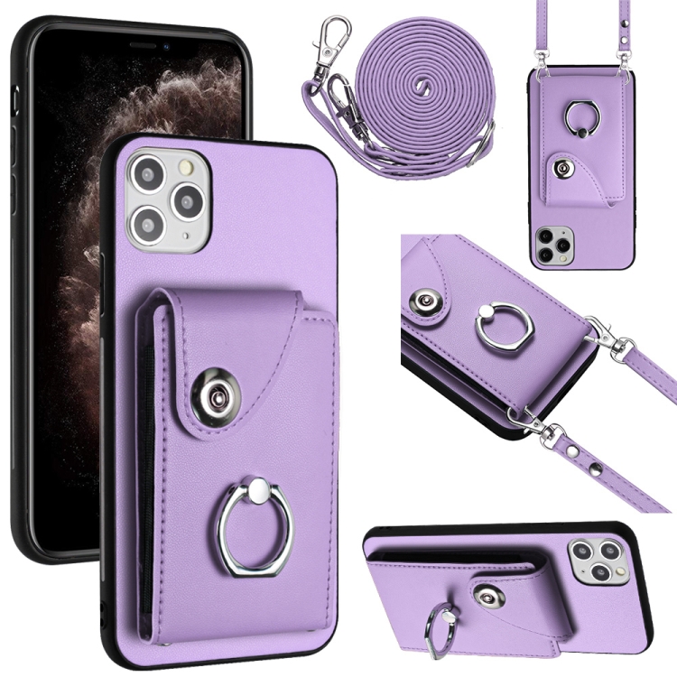 

For iPhone 11 Pro Organ Card Bag Ring Holder Phone Case with Long Lanyard(Purple)